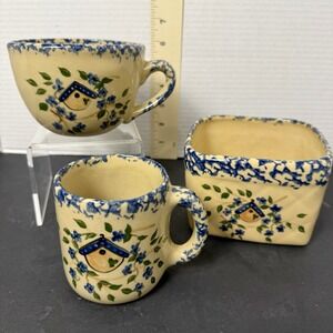 Vtg.  Roseville Ohio Blue Bird House Alpine Pottery - 3 Piece Matching Set